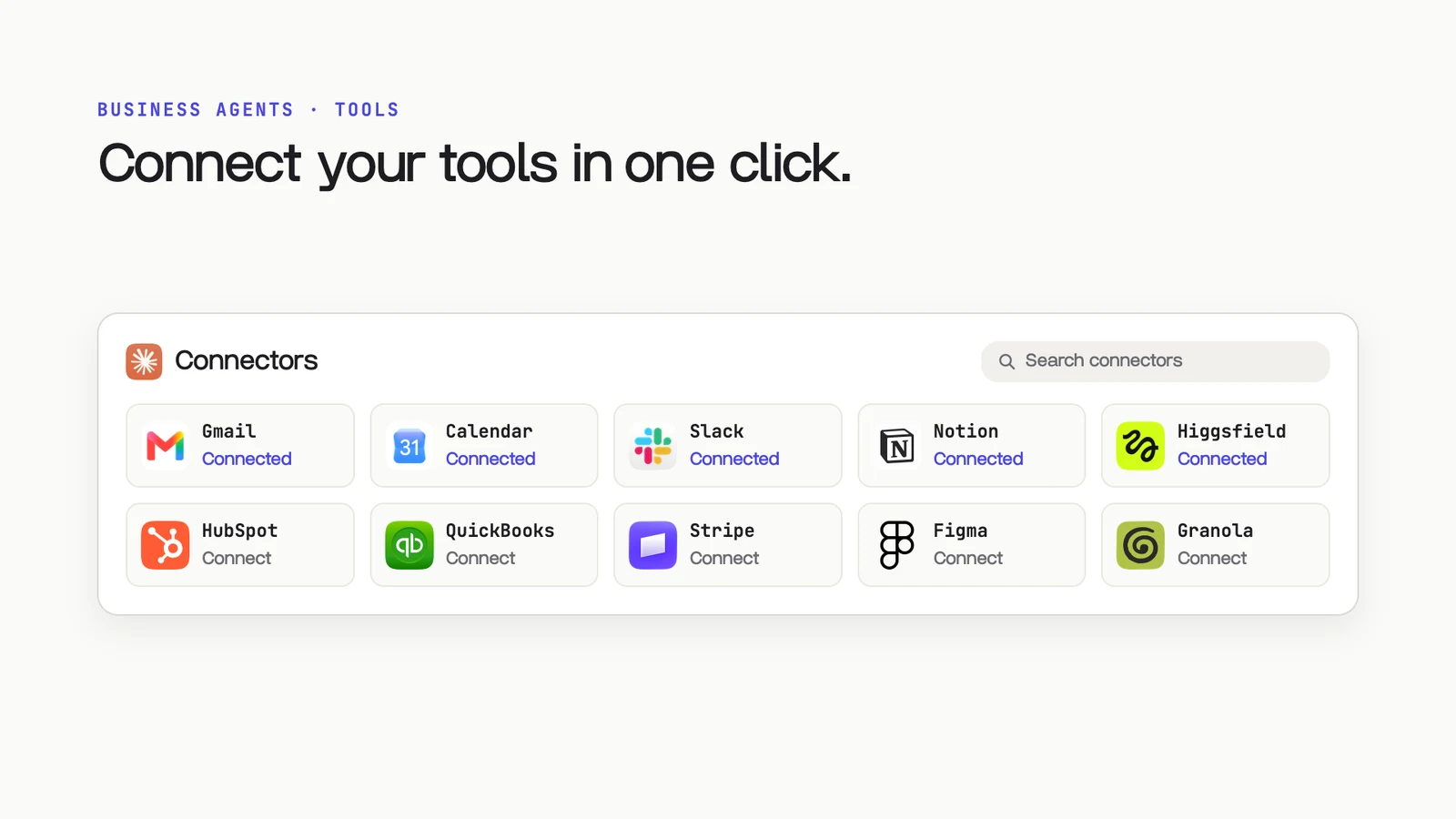Slide: Connect your tools in one click. A connector list with Gmail, Calendar, Slack, Notion and Higgsfield connected, and HubSpot, QuickBooks, Stripe, Figma and Granola ready to connect