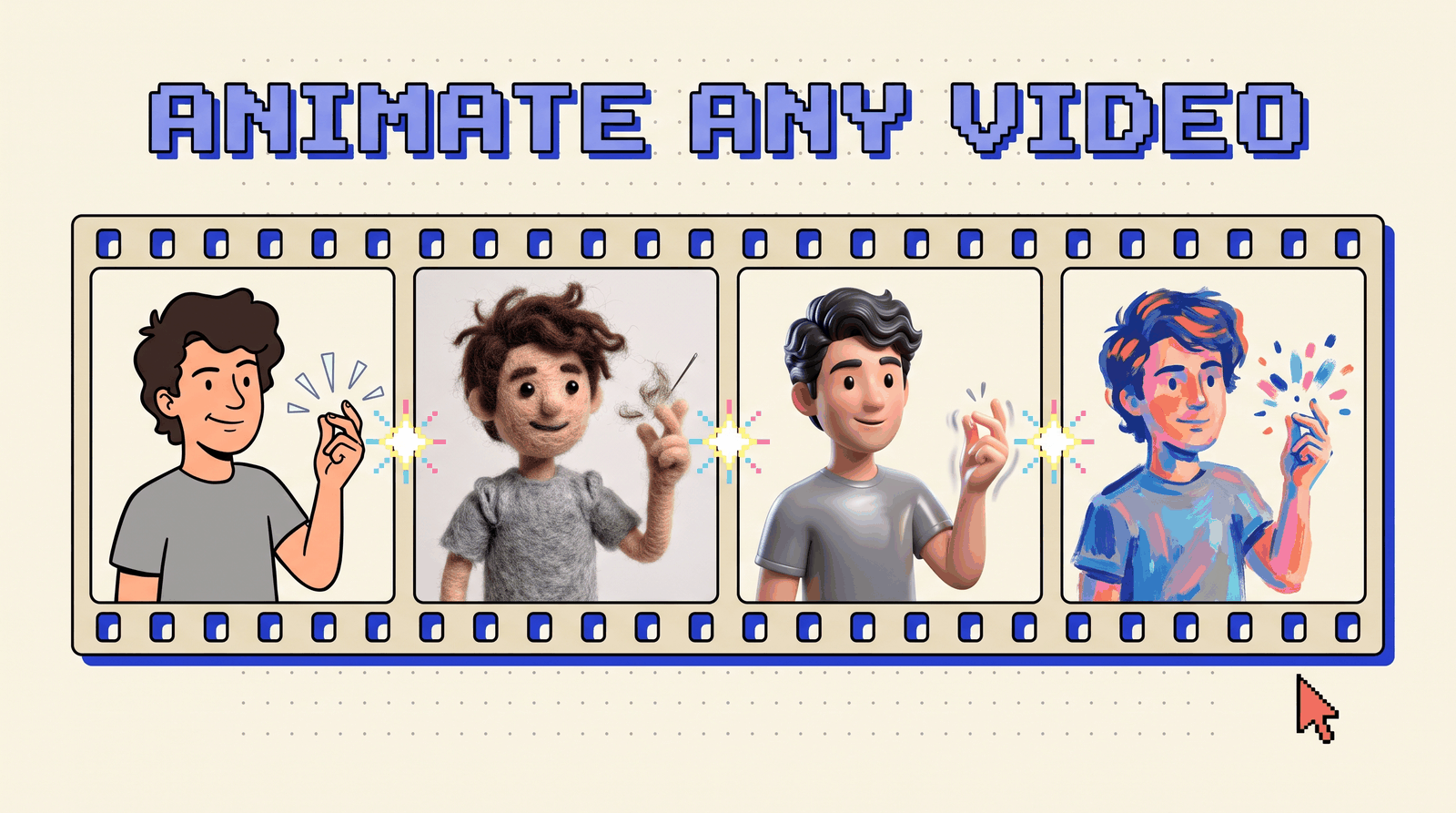One man snapping his fingers in four animation styles: 2D cartoon, felt puppet, 3D film, gouache painting