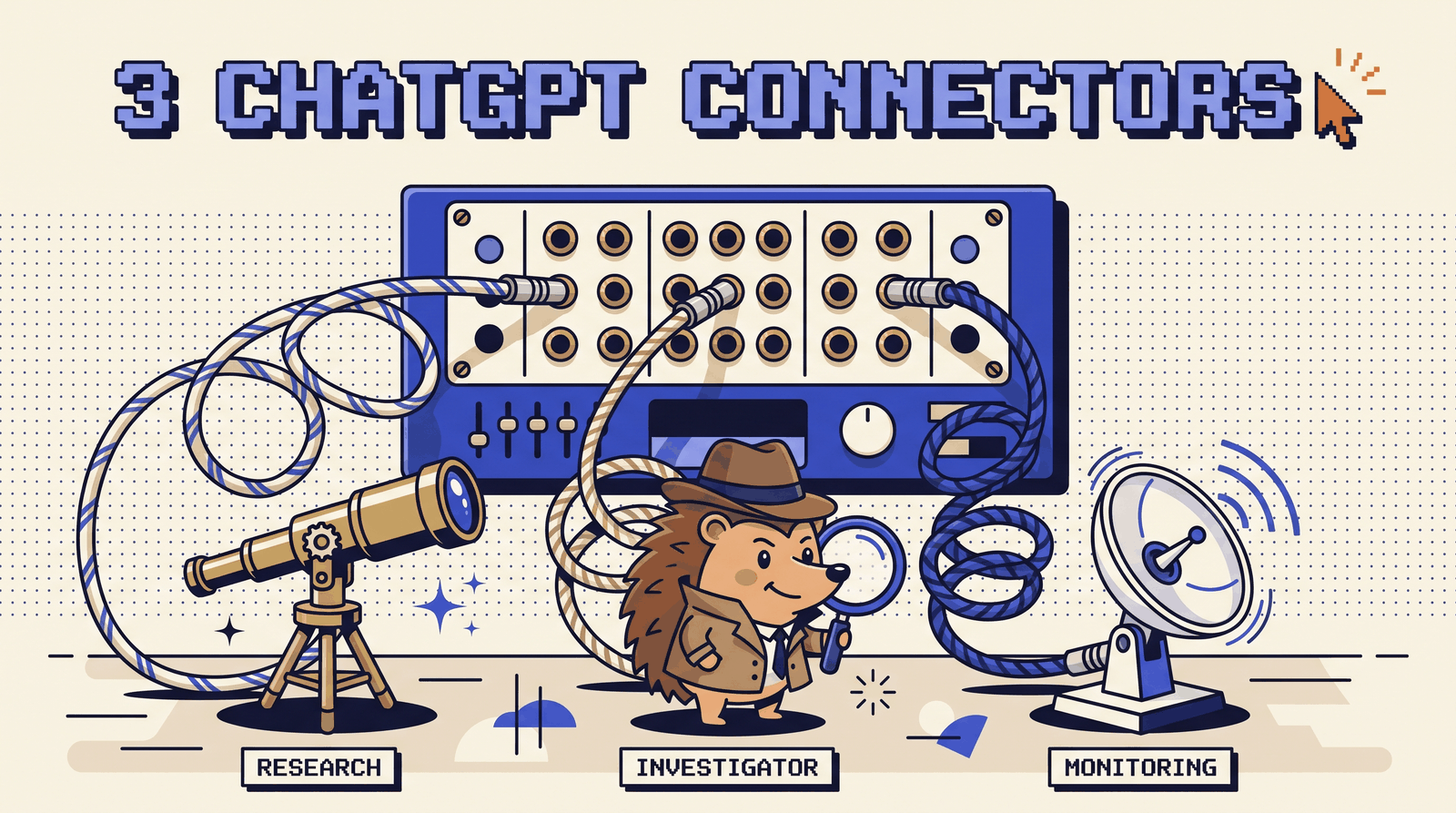 A retro switchboard with three patch cables: a telescope for research, a detective hedgehog for product data, and a radar dish for monitoring