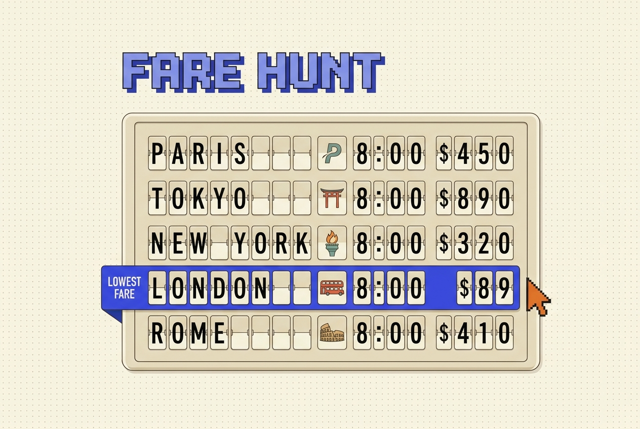 Retro illustration of an airport split-flap departures board with the cheapest fare row flagged