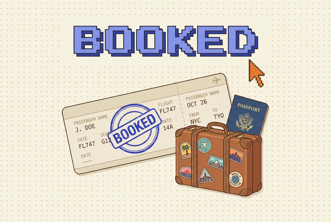 Retro illustration of a boarding pass stamped BOOKED next to a stickered suitcase and passport