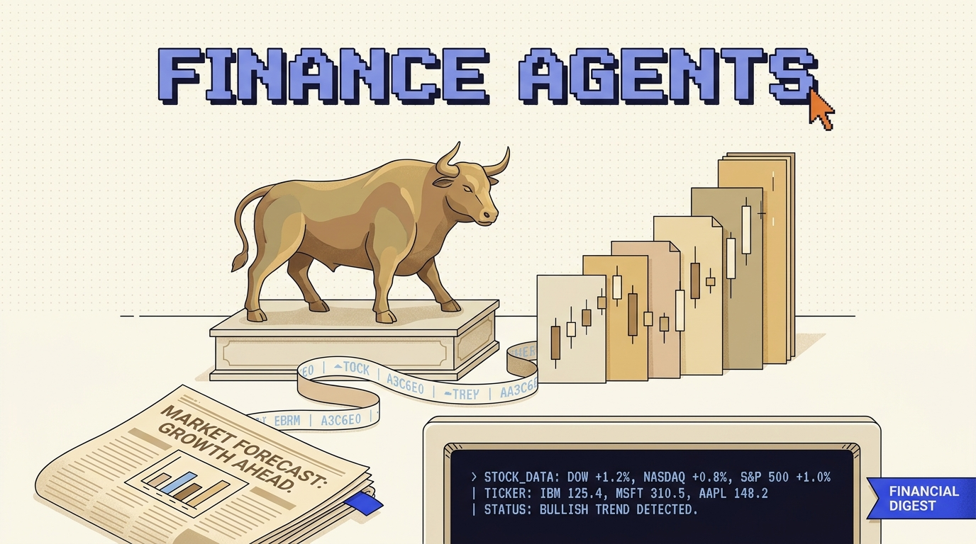 Retro editorial illustration of a bull statue beside a candlestick chart and a small navy terminal, with a pixel FINANCE AGENTS headline
