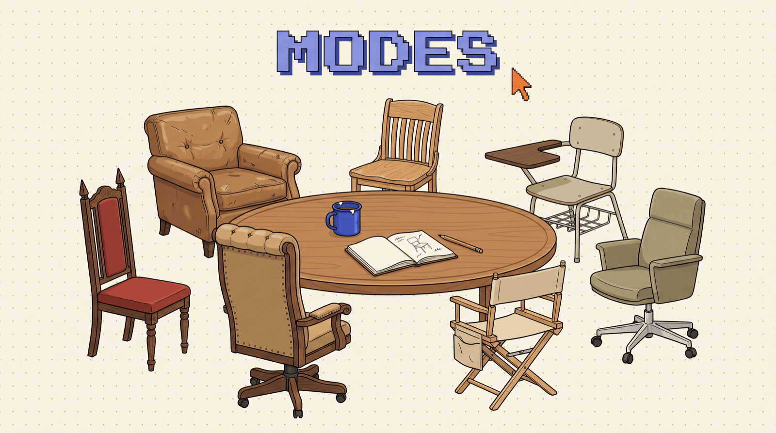 Retro illustration of a round wooden table ringed by seven different empty chairs (a worn leather armchair, a wooden schoolroom chair, a school desk chair with a writing arm, an executive chair, a canvas director's chair, a leather office chair, and a red high-backed chair) with a blue enamel mug and an open notebook on the table, under the pixel headline MODES