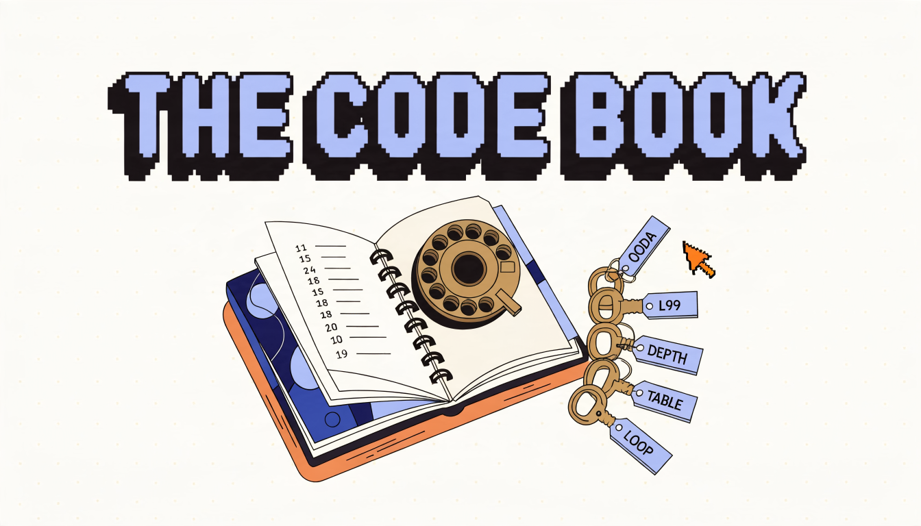 Retro illustration of an open code book with a rotary dial and five tagged keys reading OODA, L99, DEPTH, TABLE, LOOP