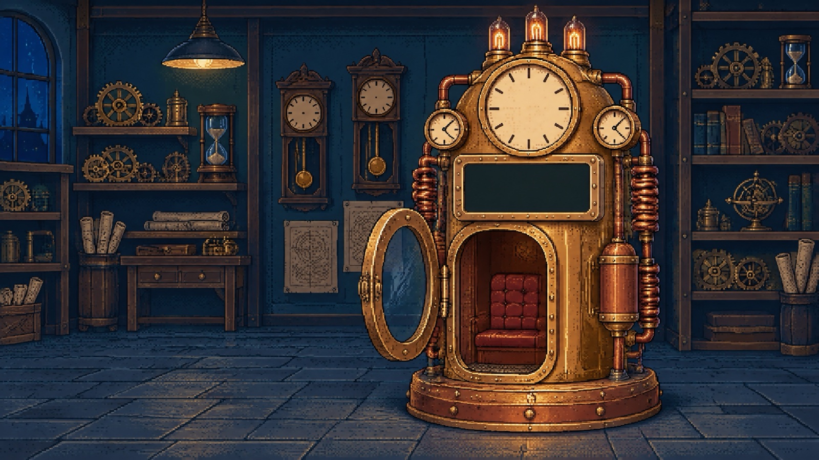 Retro pixel illustration of a brass steampunk time machine with clock faces, copper coils and a red velvet seat, standing in a dark workshop lined with gears, hourglasses and pendulum clocks