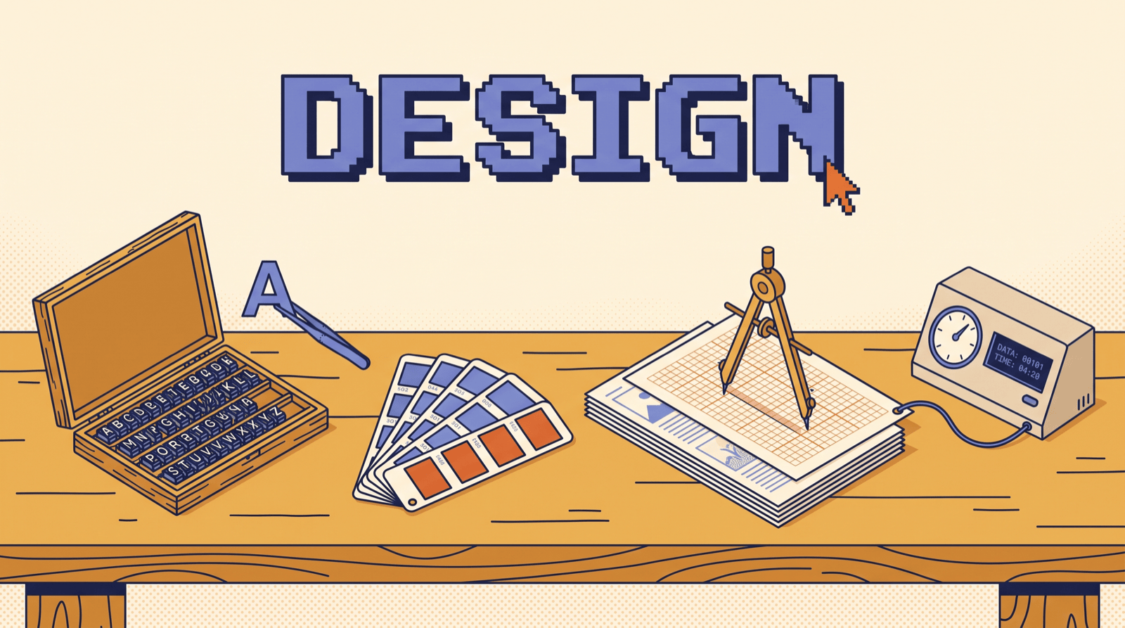 Retro illustration of an analog design bench with a letterpress type case, a fanned color swatch book, a page proof under a modular grid, and a dial instrument reading the page