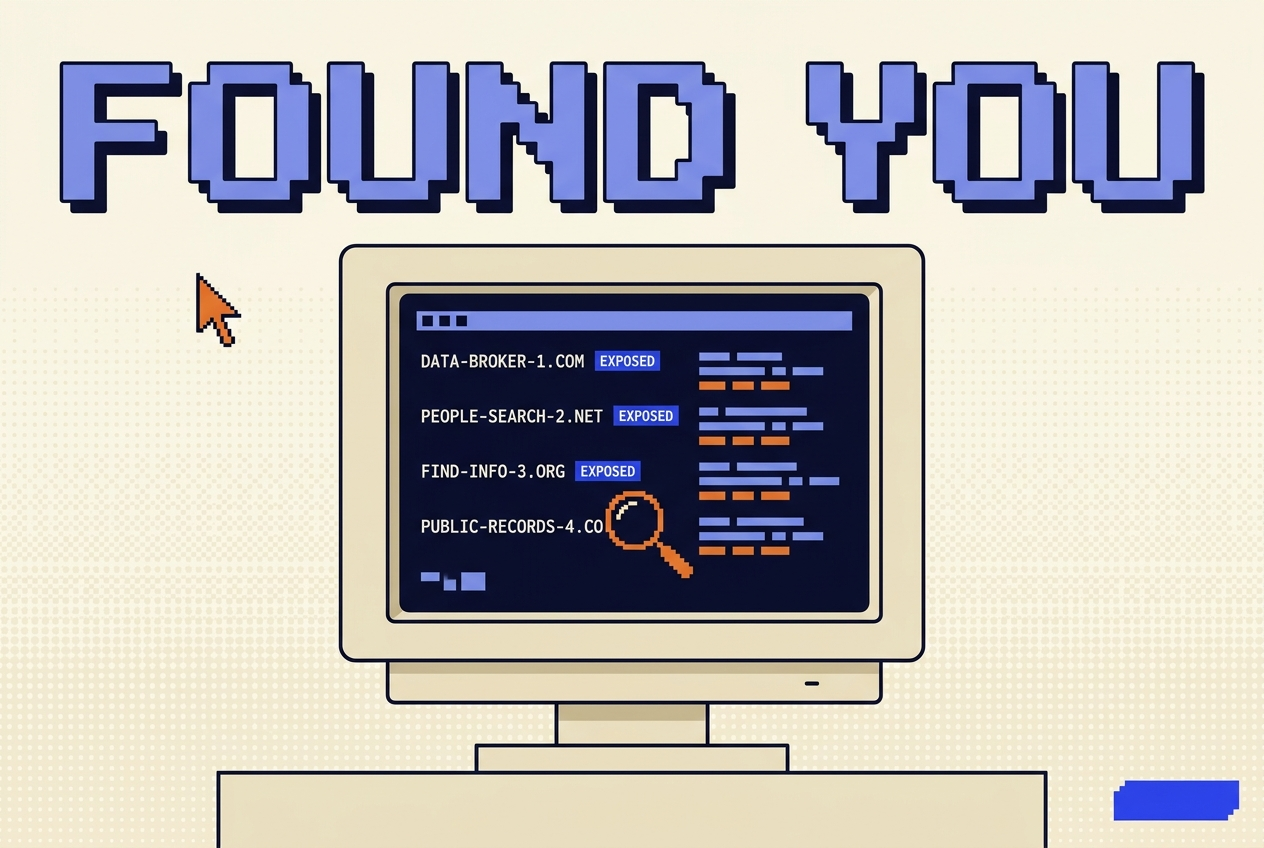 Retro CRT terminal scanning a list of data-broker sites tagged EXPOSED