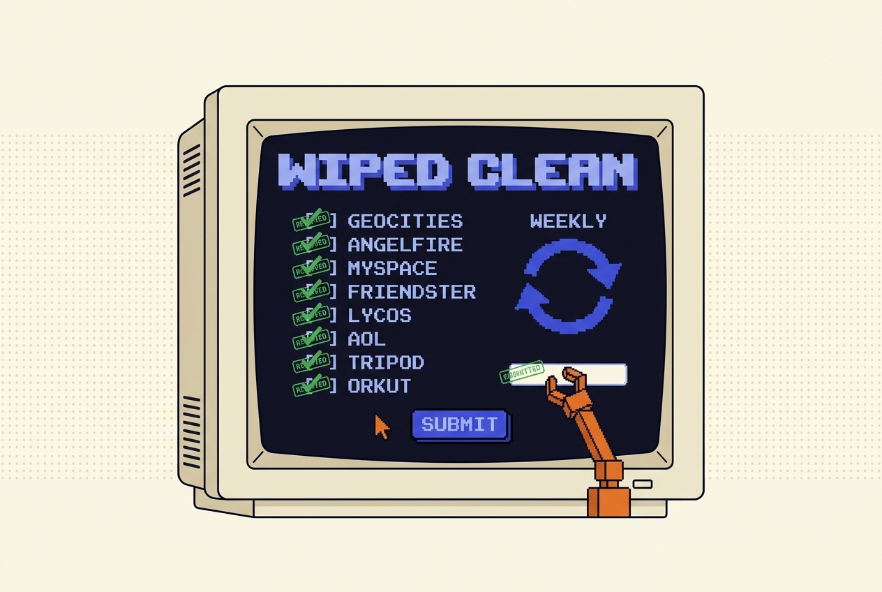 Retro CRT terminal showing a checklist of sites stamped REMOVED with a weekly loop icon