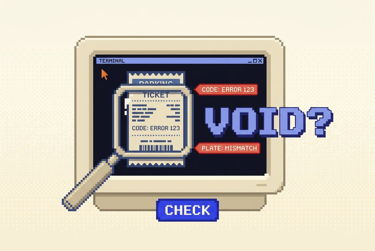 Retro pixel parking ticket under a magnifying glass with errors flagged on a CRT terminal