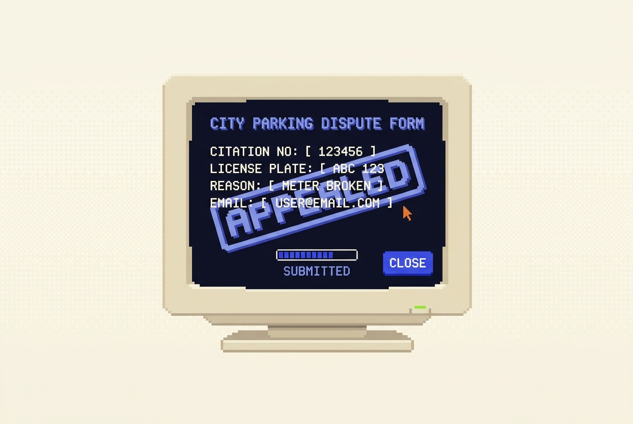 Retro pixel computer submitting a city dispute form with an APPEALED stamp