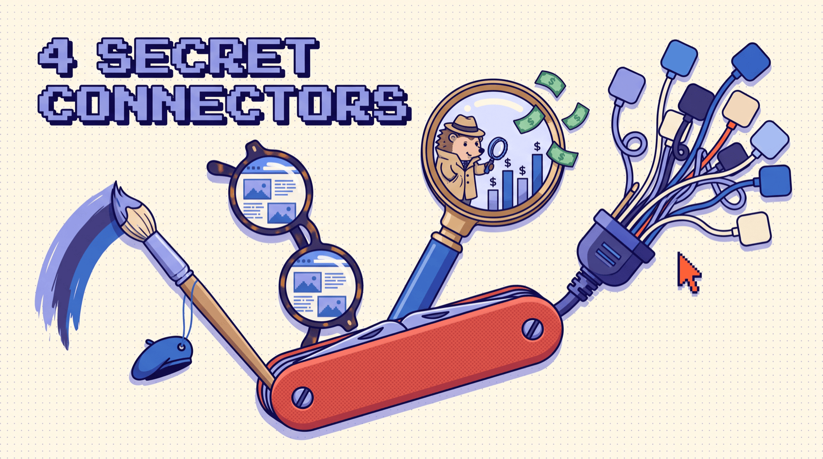 An open red multi-tool with four tools fanned out: a paintbrush with a beret, glasses reflecting a web page, a magnifying glass with a detective hedgehog and flying dollar bills, and a plug splitting into many app cables