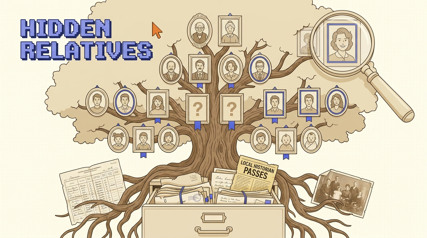 Retro editorial illustration of a family tree with framed portraits hanging from its branches, one hidden frame revealed under a magnifying glass above a drawer of old records, beneath a pixel HIDDEN RELATIVES headline