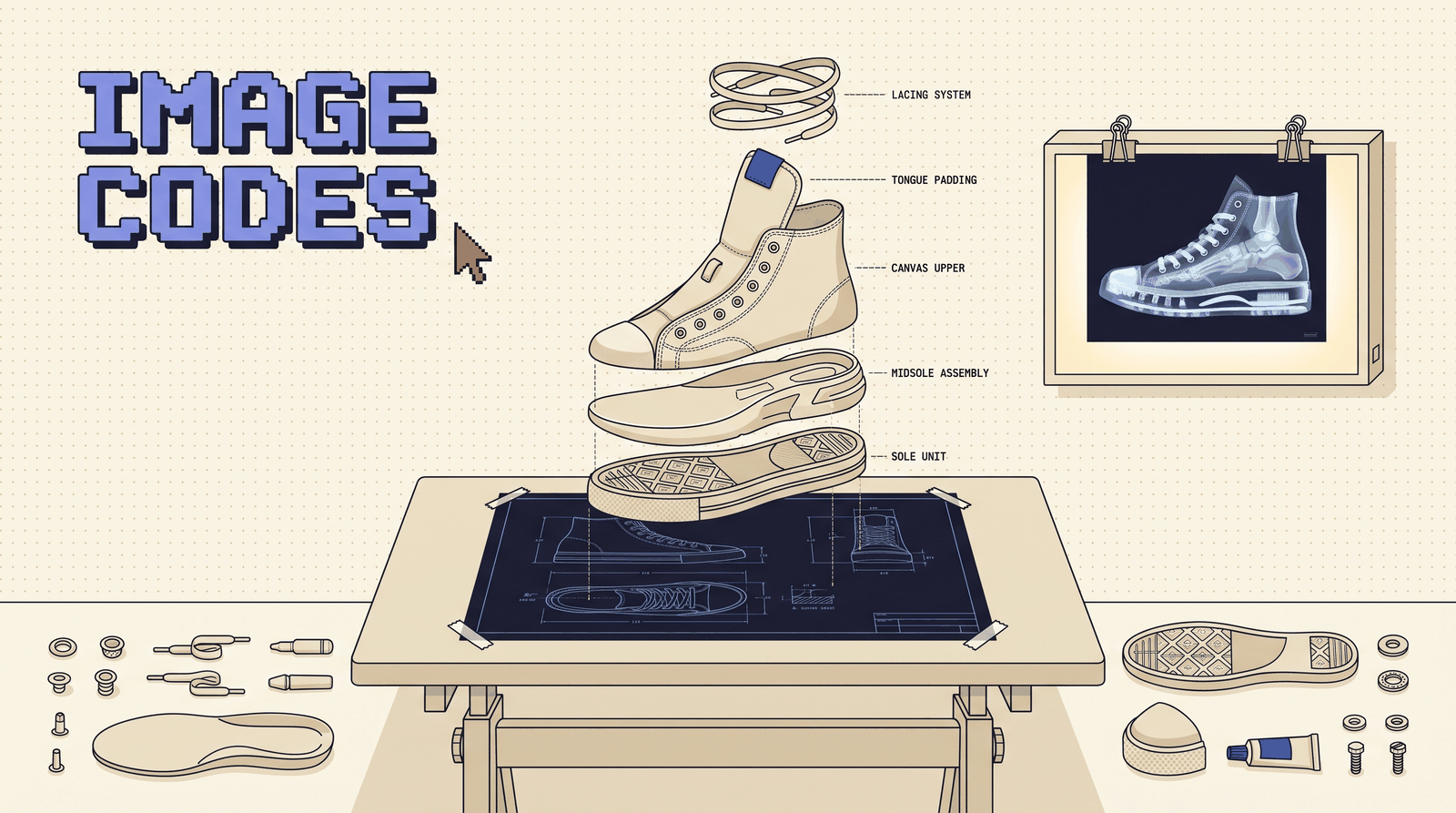 Retro illustration of a 1980s high-top sneaker pulled apart into an exploded view above a drafting table, with a blueprint sheet, an x-ray film on a light box, and its loose parts knolled in a grid, under a pixel headline reading IMAGE CODES