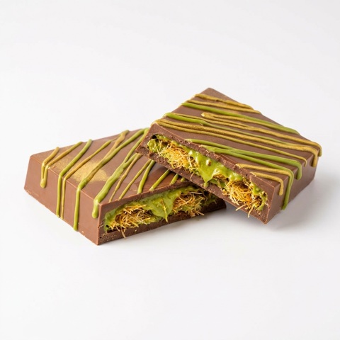Input: product photo of a Dubai chocolate bar broken in half