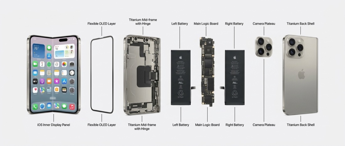 Output: exploded view of the foldable iPhone in a single row of labeled parts
