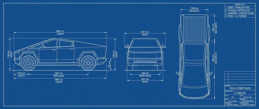 Output: engineering blueprint of the Cybertruck with side, front and top views