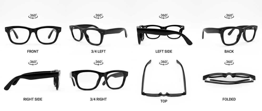 Output: eight-view turnaround sheet of the glasses in one row