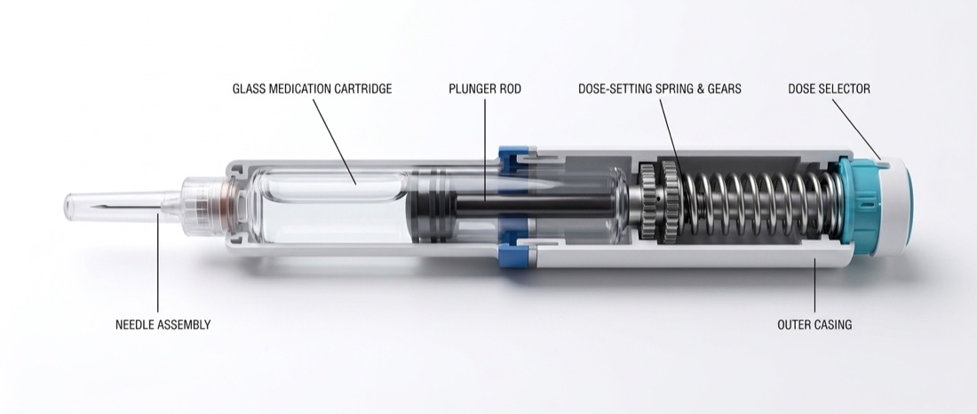 Output: cutaway of the pen showing the cartridge, plunger, spring and needle with labels