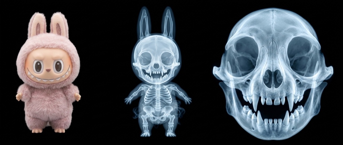 Output: the toy, its x-ray with a cartoon skeleton, and a skull close-up on black
