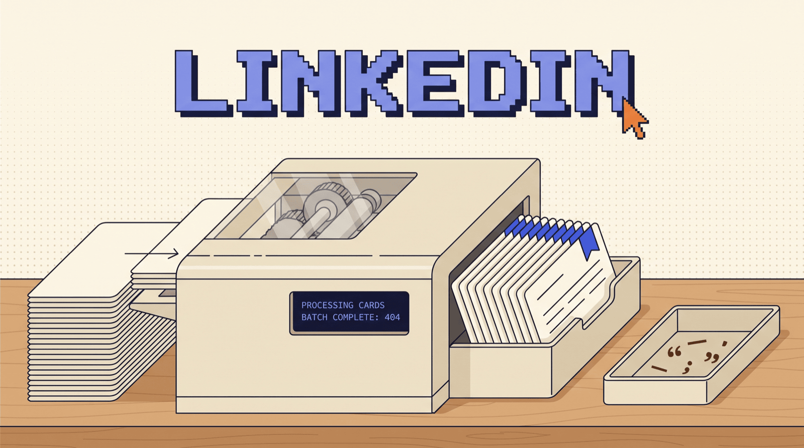 Retro illustration of a beige mechanical card sorter turning blank index cards into finished written cards, with discarded em dashes and curly quotes collecting in a side tray