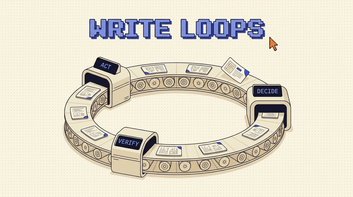 Retro illustration of task cards riding a circular conveyor loop through act, verify, and decide stations under a pixel WRITE LOOPS headline