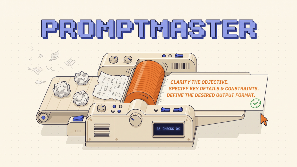 Retro illustration of crumpled scribbled drafts feeding through a beige press and coming out as one clean orange-lined card