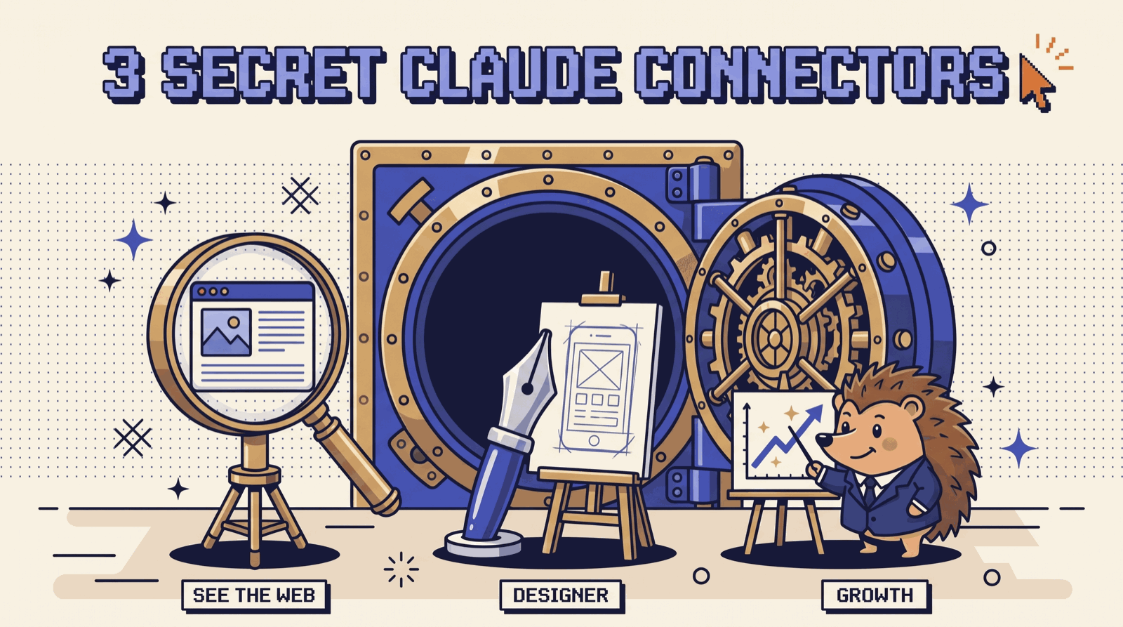 An open vault revealing three treasures: a magnifying glass over a web page, a pen nib drawing an app wireframe, and a hedgehog in a suit pointing at a rising growth chart
