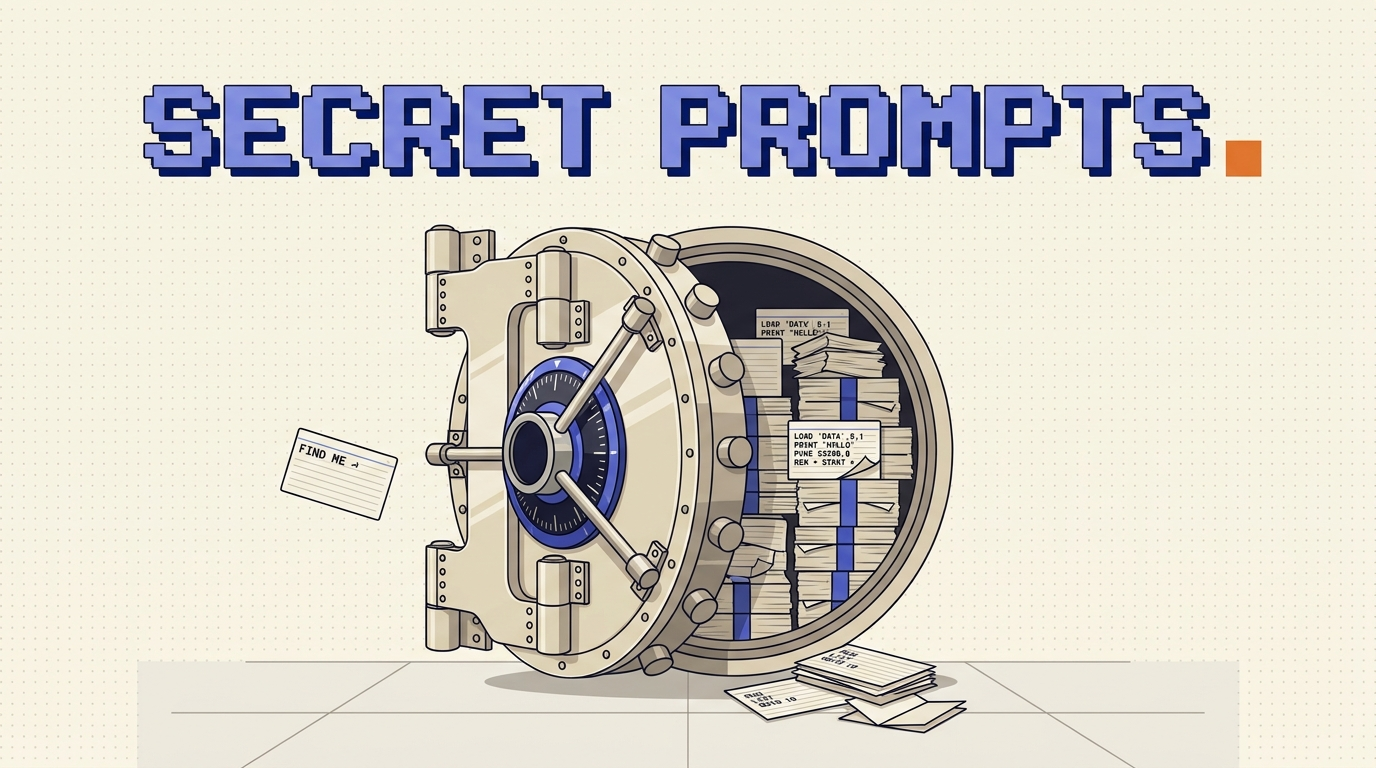 Retro illustration of a bank vault packed with blue-banded stacks of typed prompt cards instead of cash, one card floating out, under the pixel headline SECRET PROMPTS