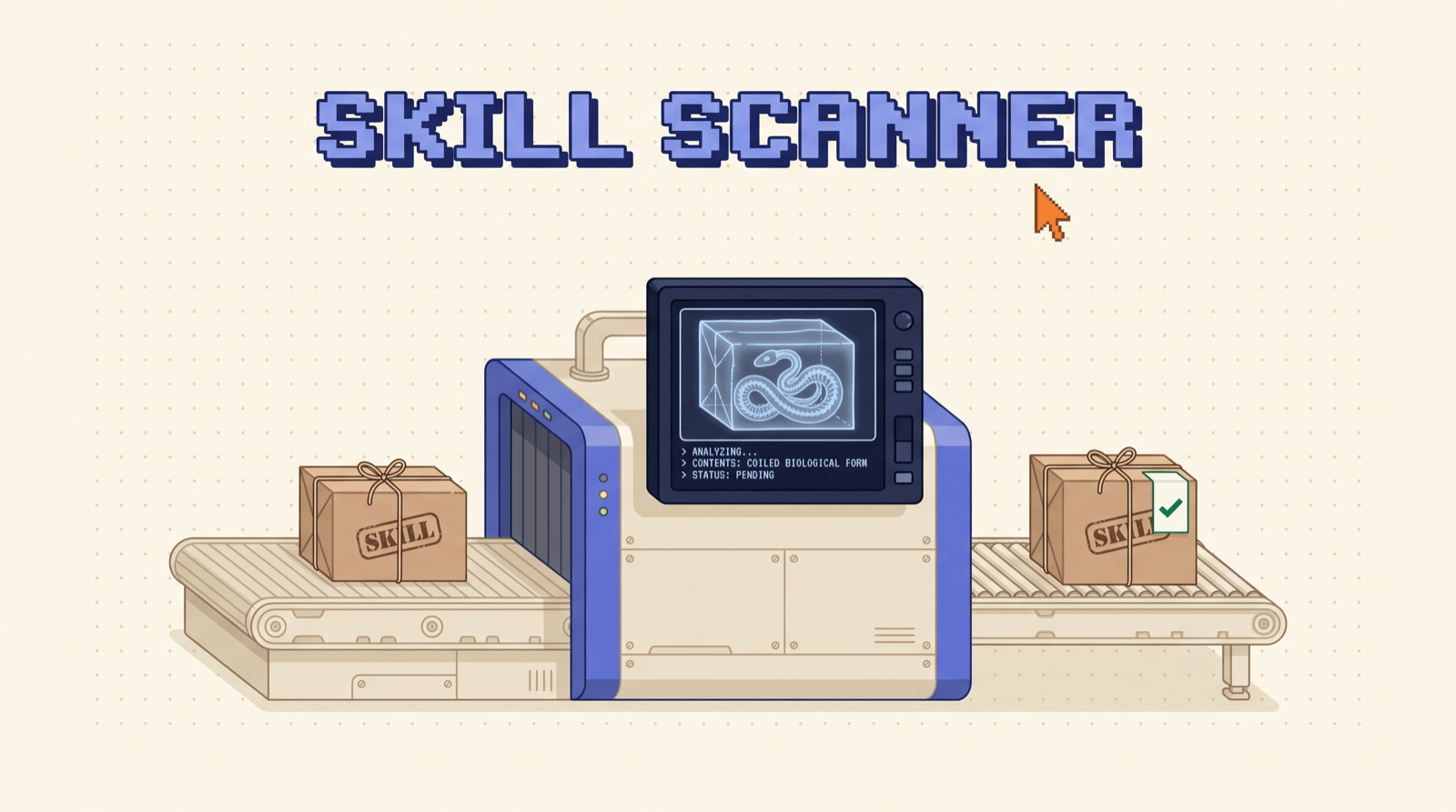 Retro illustration of a beige airport-style X-ray belt scanning a wrapped parcel labelled SKILL, the dark navy screen above it showing a snake coiled inside the box