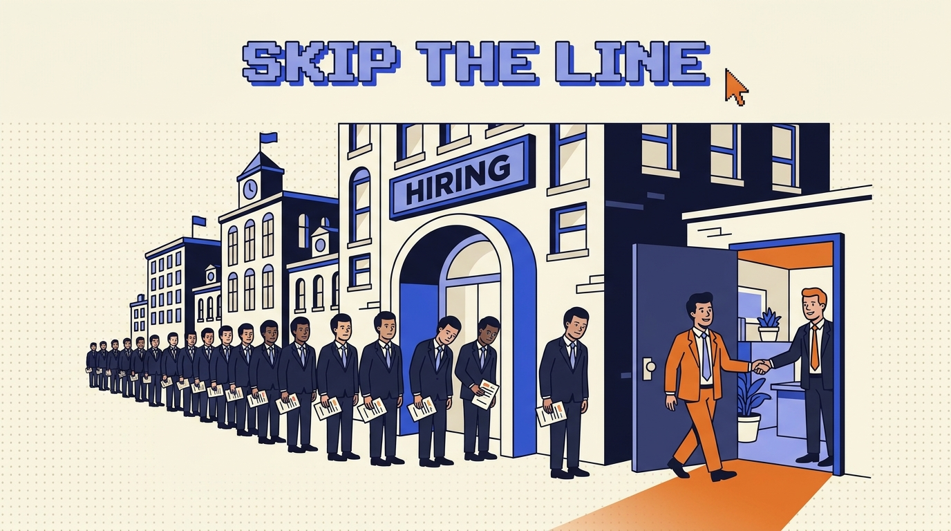 Retro editorial illustration of a long line of applicants stalled at a corporate front door while one walks through an open side door, under a pixel SKIP THE LINE headline