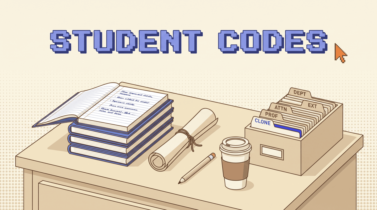 Retro illustration of a wooden desk with a stack of blue exam books, a rolled handout, a coffee cup, and a card index box with five tabs reading DEPT, EXT, ATTN, PROF, CLONE
