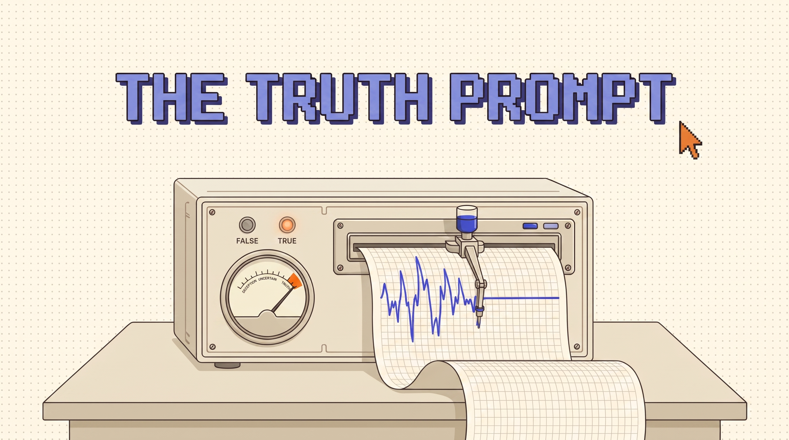 Retro illustration of a beige truth machine drawing a confidence line on a paper chart