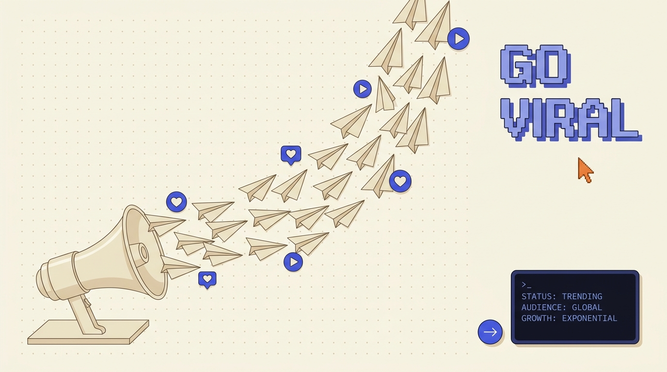 Retro illustration of a megaphone launching paper airplanes in a rising growth curve under a pixel GO VIRAL headline