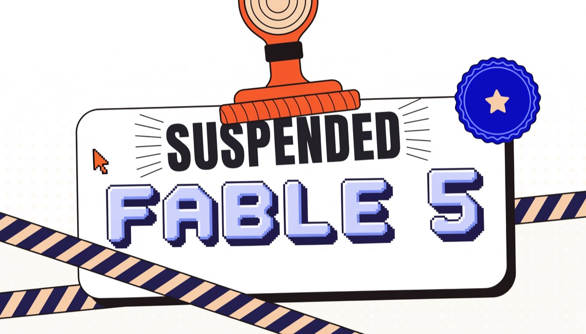 8-bit pixel-art of a giant government rubber stamp slamming SUSPENDED onto a FABLE 5 placard, with a royal-blue federal seal, caution tape, and an orange pixel cursor.
