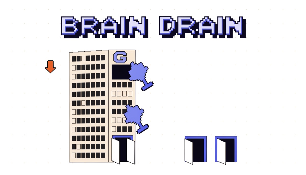 8-bit pixel-art of a beige office tower marked with a G losing two glowing blue star trophies out its windows toward two empty doorways, with an orange pixel arrow pointing down, under a chunky pixel headline reading BRAIN DRAIN.