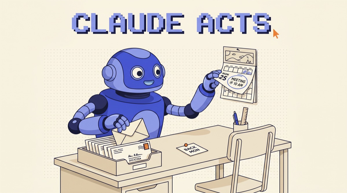 Retro illustration of a friendly royal-blue robot assistant running a person's home-office desk while they are away, sliding a sealed cream envelope into an outgoing mail tray with one hand and flipping a paper wall calendar with the other, an empty chair and a BACK MON sticky note nearby, with a pixel headline reading CLAUDE ACTS and an orange cursor.
